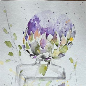 Aquarellbild einer weissen Pfingstrose vor blauem Hintergrund
